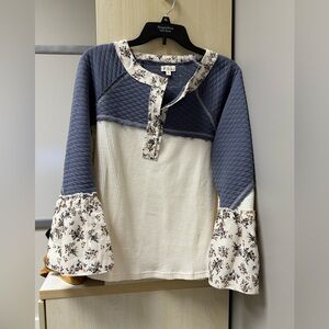 POL Blue and Cream Floral Top